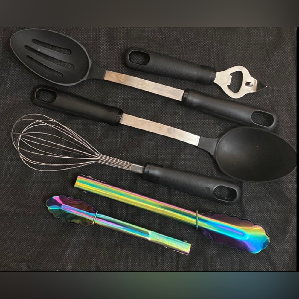Silicone Cooking 2 Spoons, 2 Tongs, bottle opener & whisk- 6 Pack Set